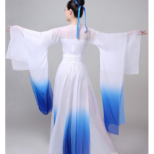 Women Chinese folk dance costumes female blue gradient colored traditional classical dance hanfu fairy drama cosplay dress